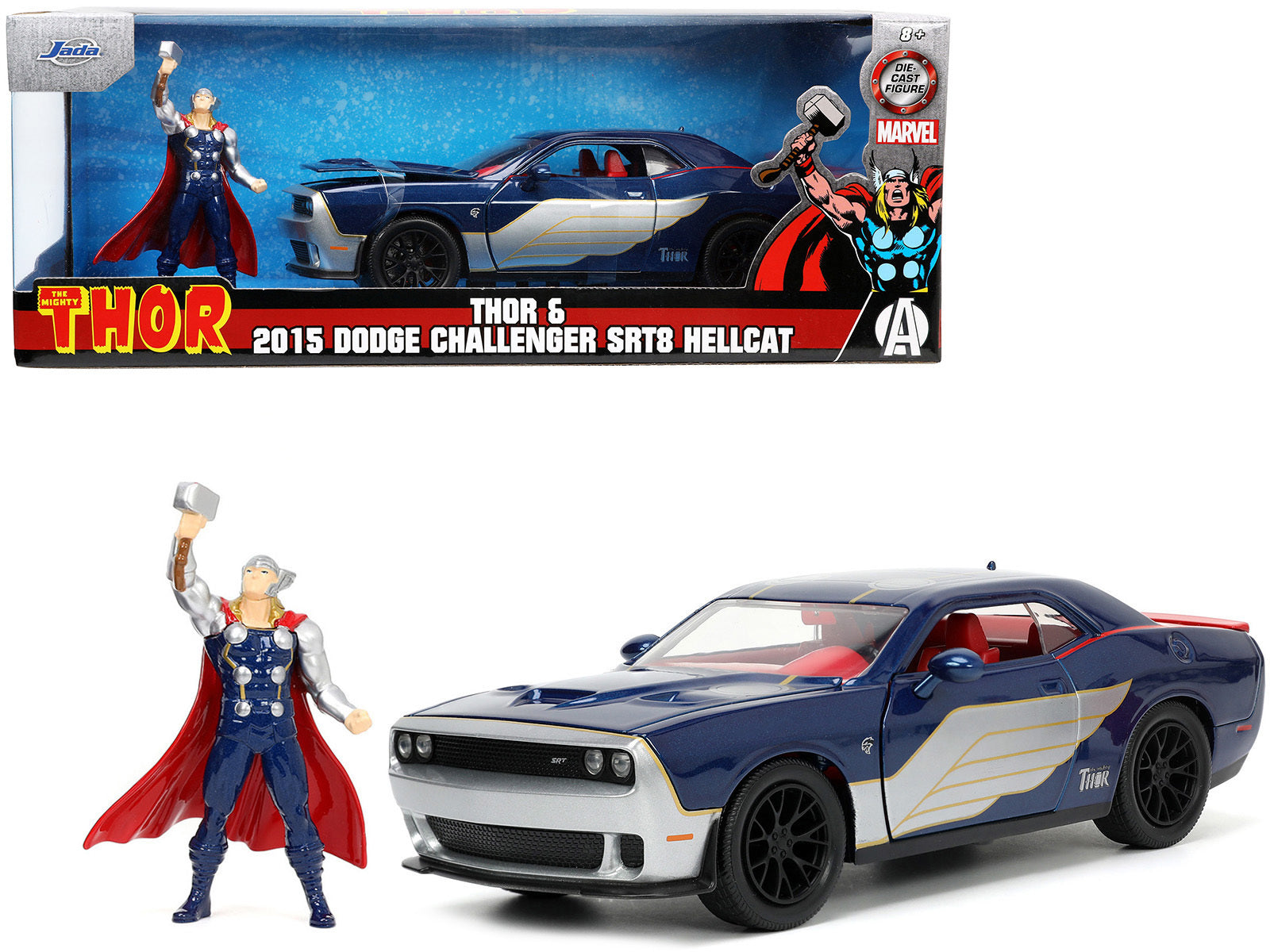 2015 Dodge Challenger SRT Hellcat Dark Blue with Graphics and Red Interior and Thor Diecast Figure "The Mighty Thor" - Minihomy