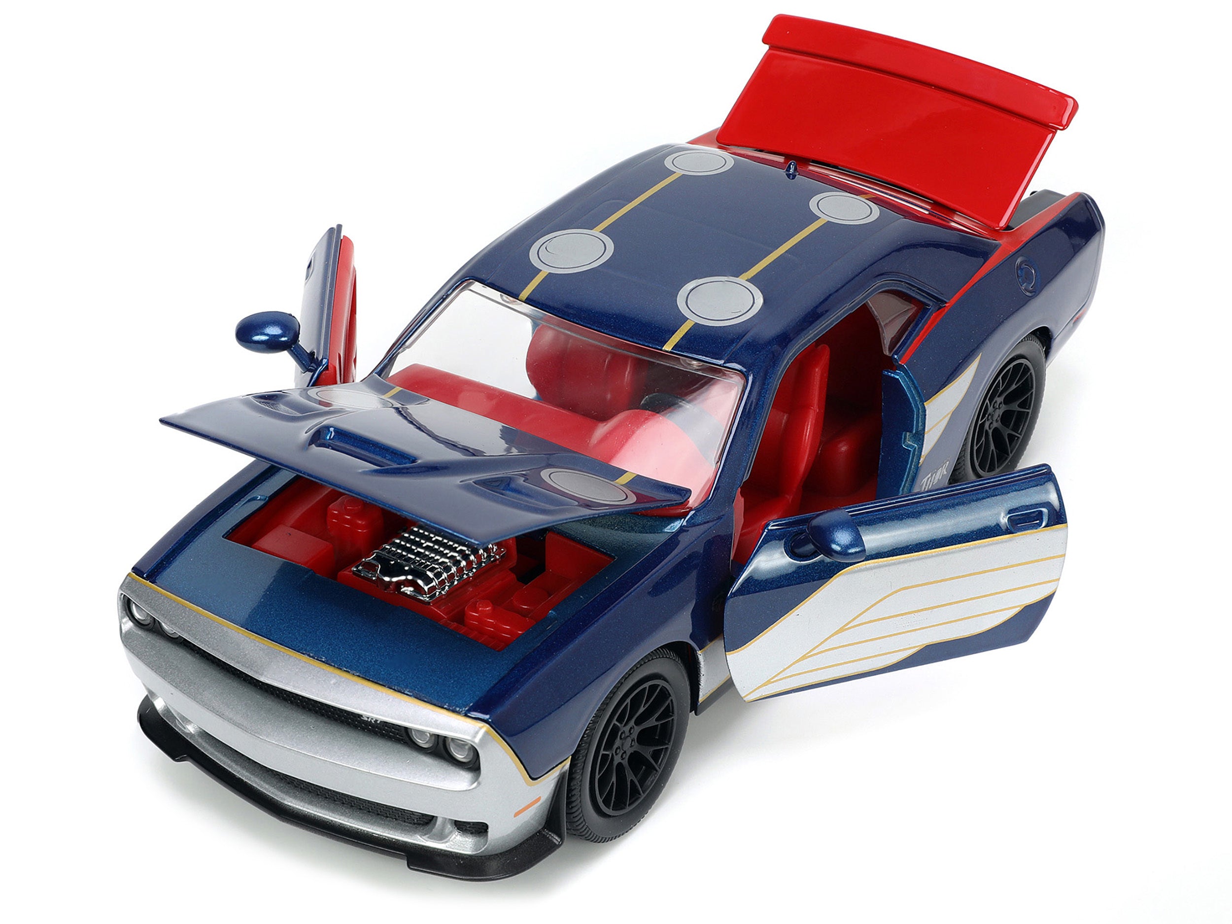 2015 Dodge Challenger SRT Hellcat Dark Blue with Graphics and Red Interior and Thor Diecast Figure "The Mighty Thor" - Minihomy