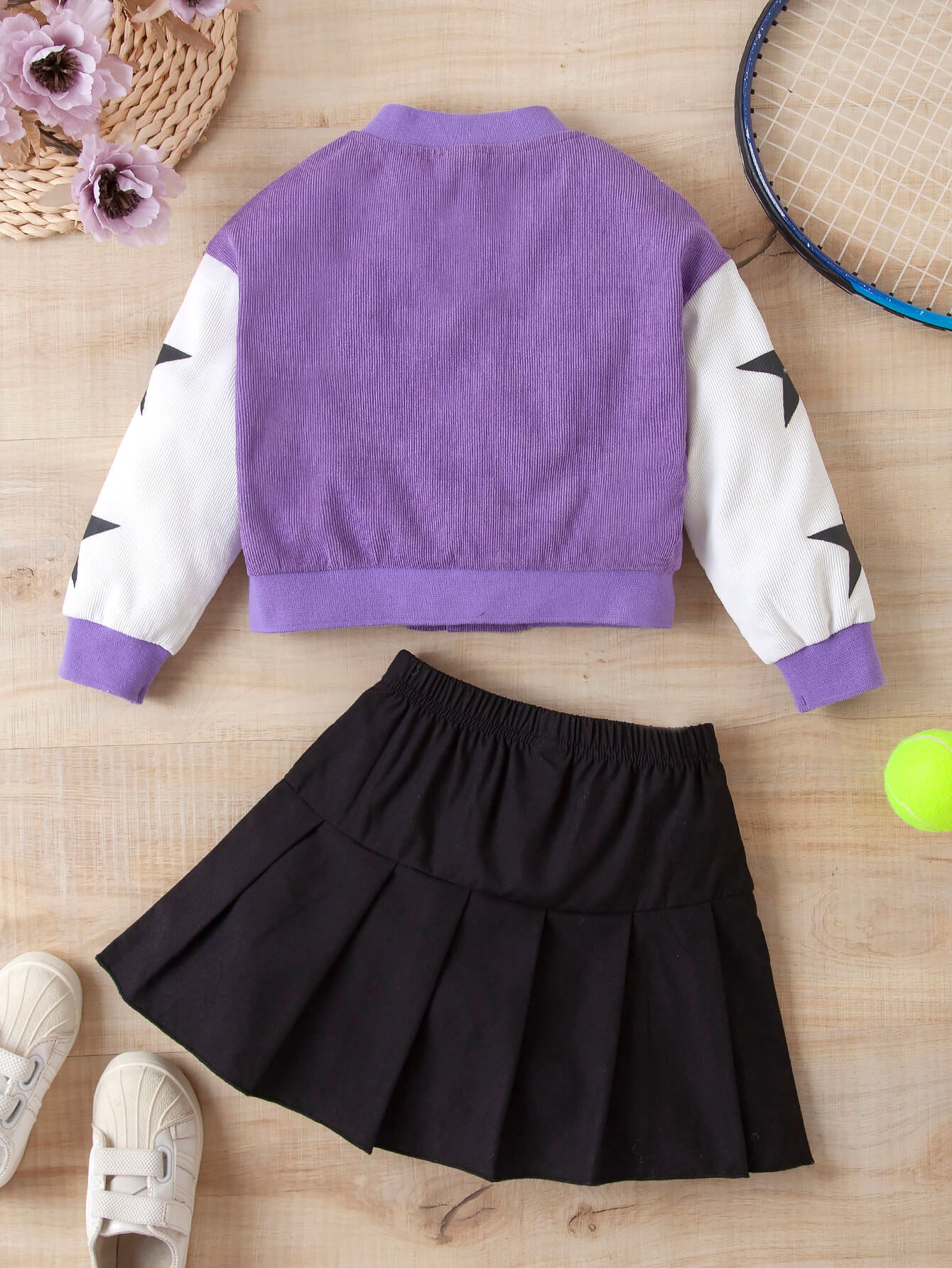 Girls Contrast Bomber Jacket, Tank, and Pleated Skirt Set - Minihomy