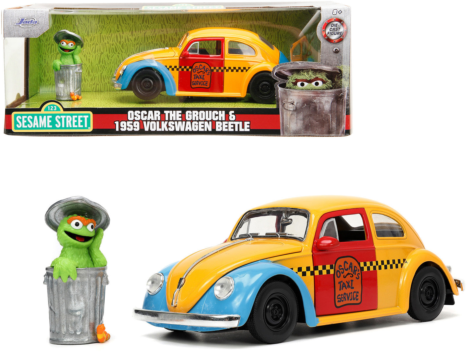 1959 Volkswagen Beetle Taxi Yellow and Blue Oscar the Grouch Diecast Figure - Minihomy