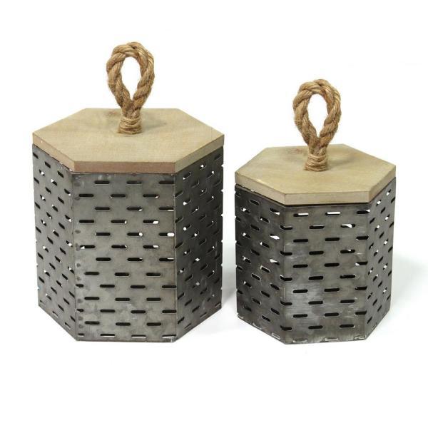 Set Of 2 Rustic Farmhouse Decorative Metal Canisters