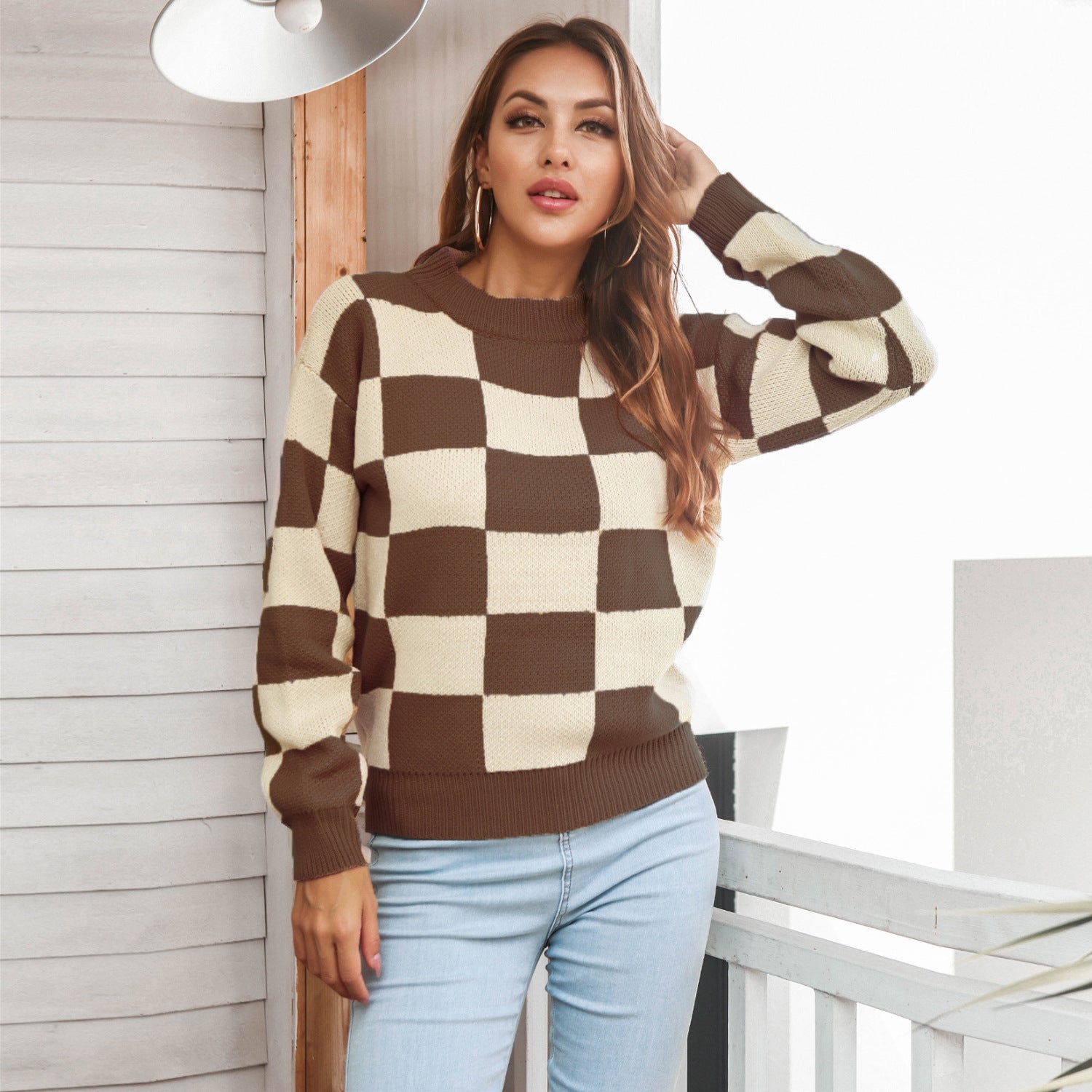 Checkered Two-Tone Dropped Shoulder Crewneck Sweater - Minihomy