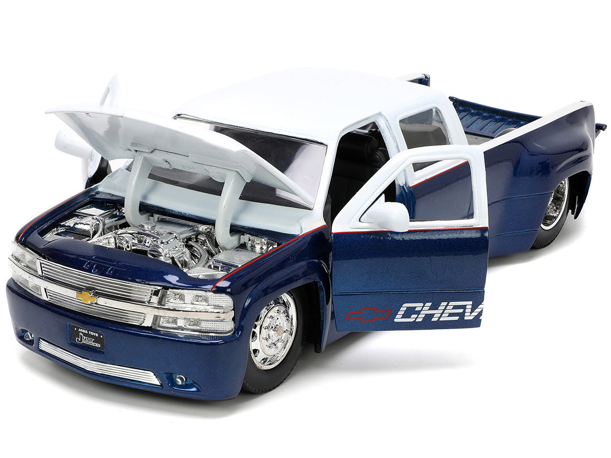 1999 Chevrolet Silverado Dually Pickup Truck Blue Metallic and White with Red Stripes - Minihomy