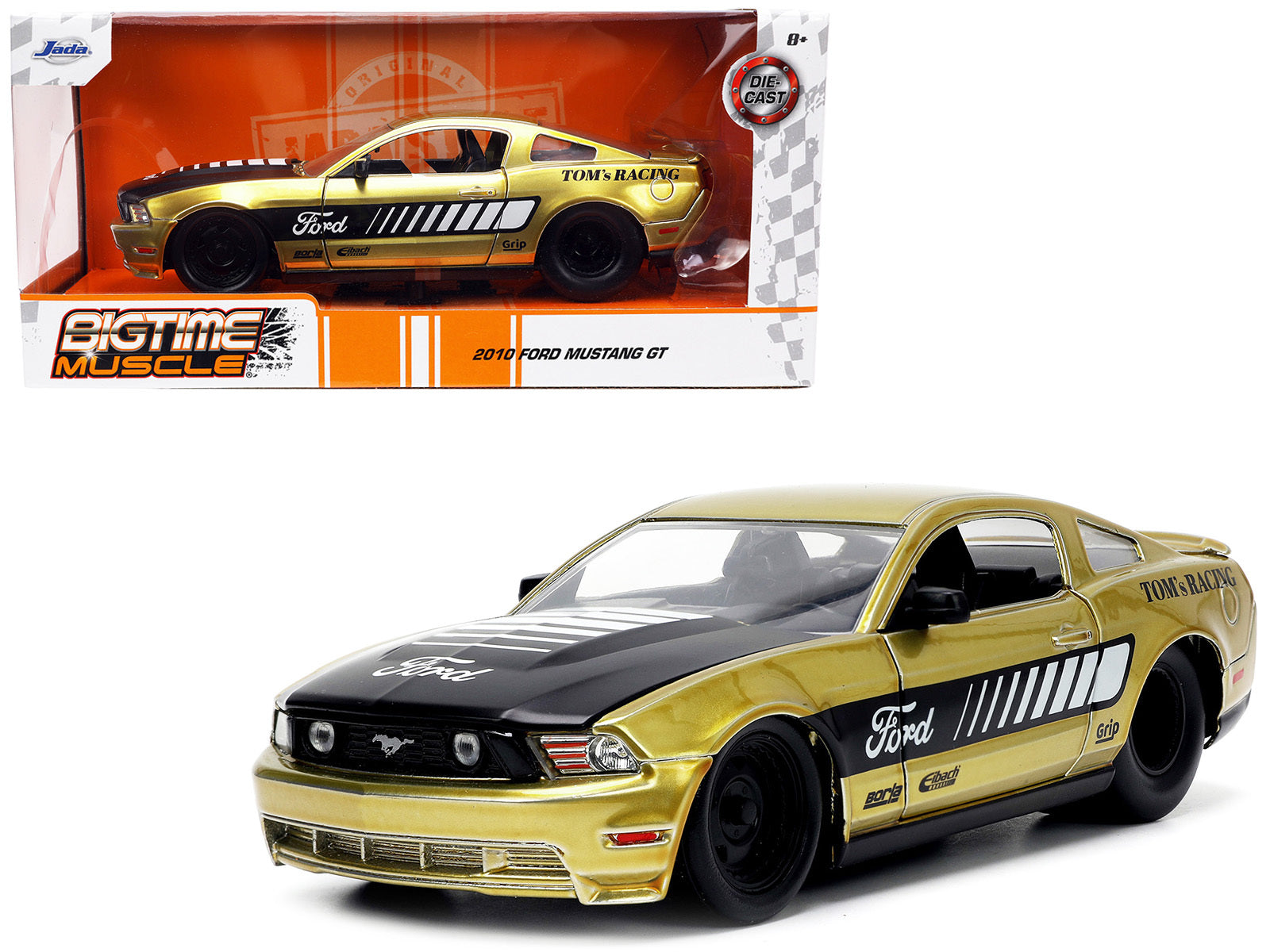 2010 Ford Mustang GT Gold Metallic with Black Graphics and Hood "Tom's Racing" "Bigtime Muscle" Series 1/24 Diecast Model Car by Jada - Minihomy