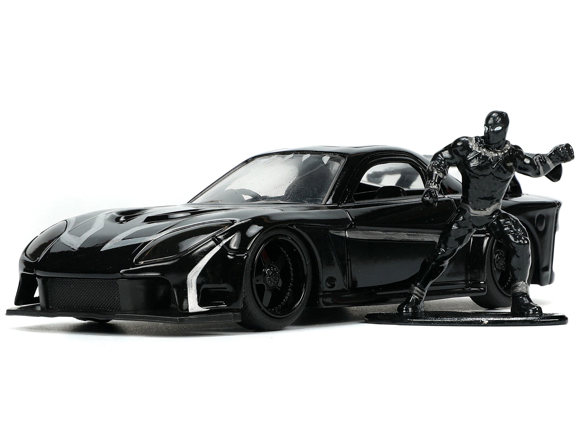 1995 Mazda RX-7 RHD (Right Hand Drive) Black and Black Panther Diecast Figure "The Avengers" "Hollywood Rides" Series 1/32 Diecast Model Car by Jada - Minihomy