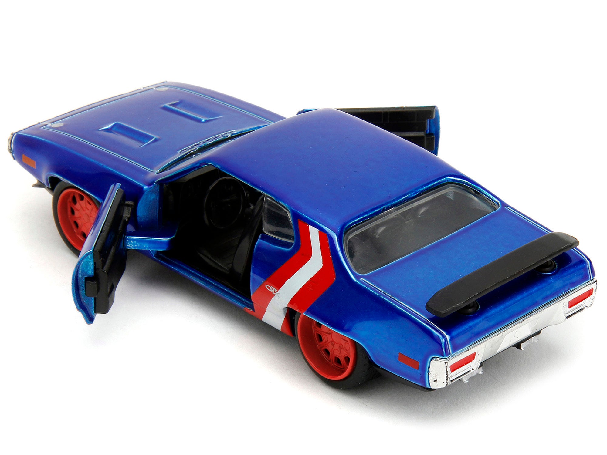 1972 Plymouth GTX Candy Blue with Red and White Stripes and Captain America Diecast Figure "The Avengers" - Minihomy