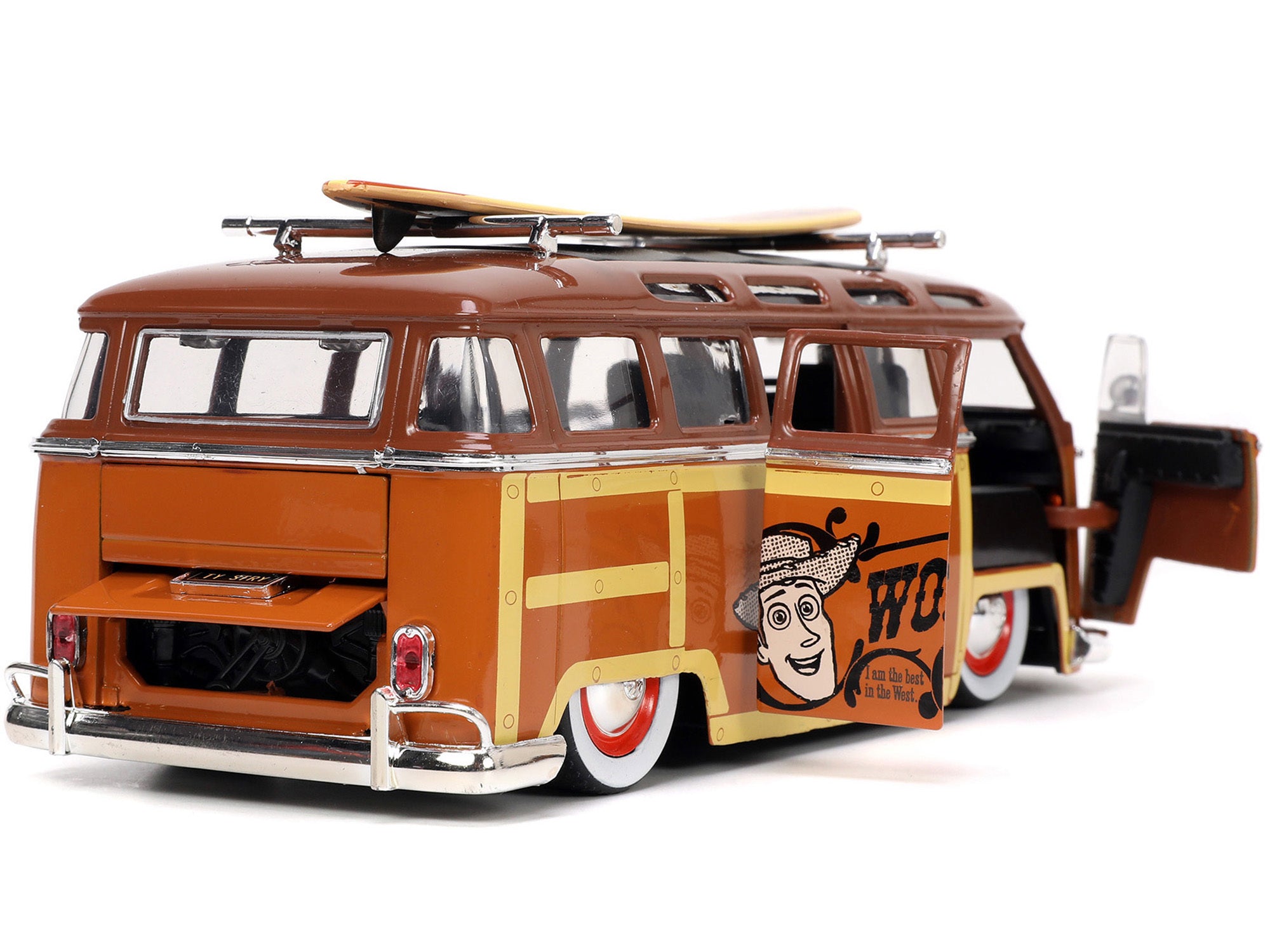 Volkswagen T1 Bus Brown with Graphics "Sheriff Woody" and Woody Diecast Figure and Surfboard 1995