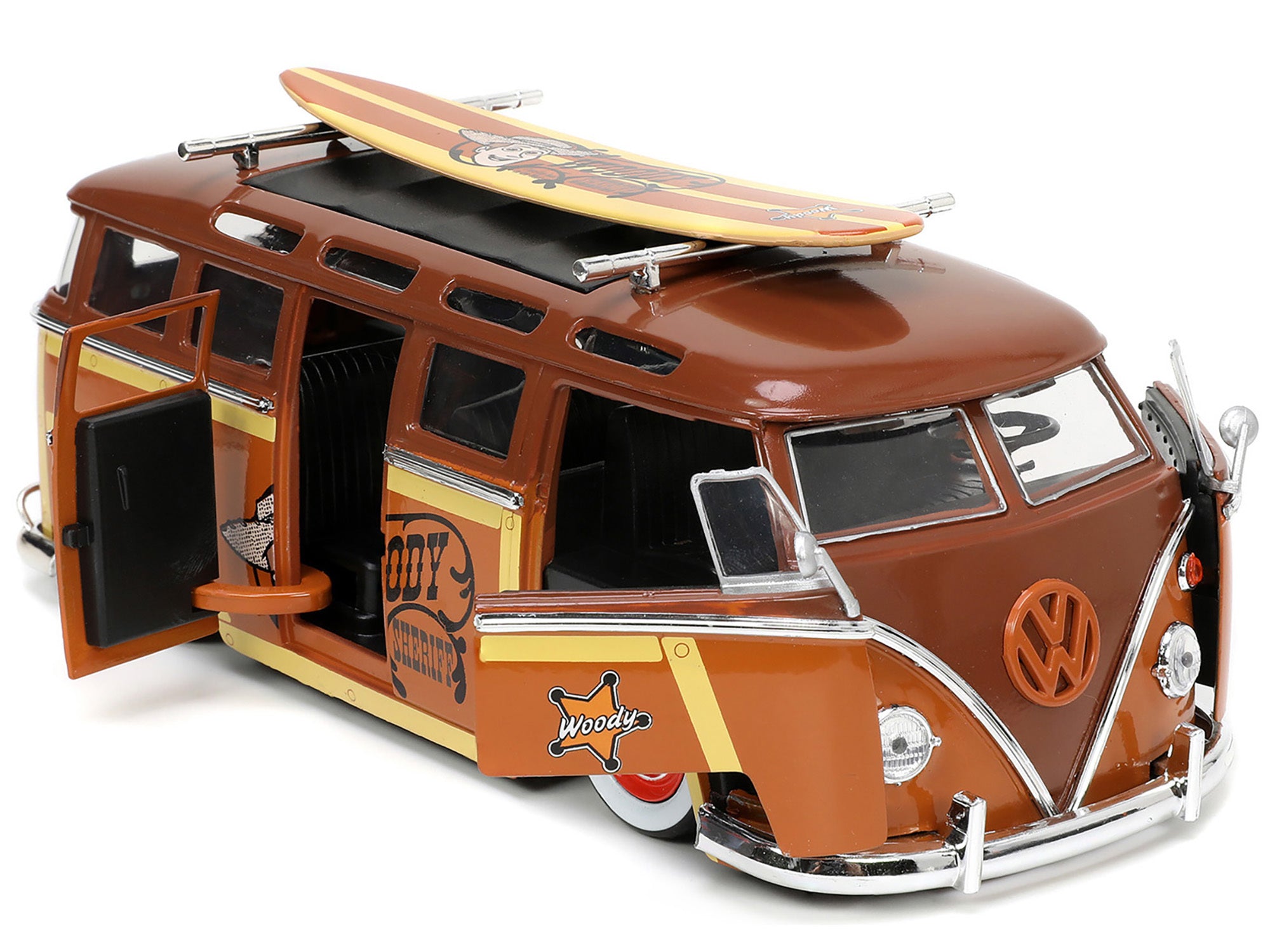 Volkswagen T1 Bus Brown with Graphics "Sheriff Woody" and Woody Diecast Figure and Surfboard 1995