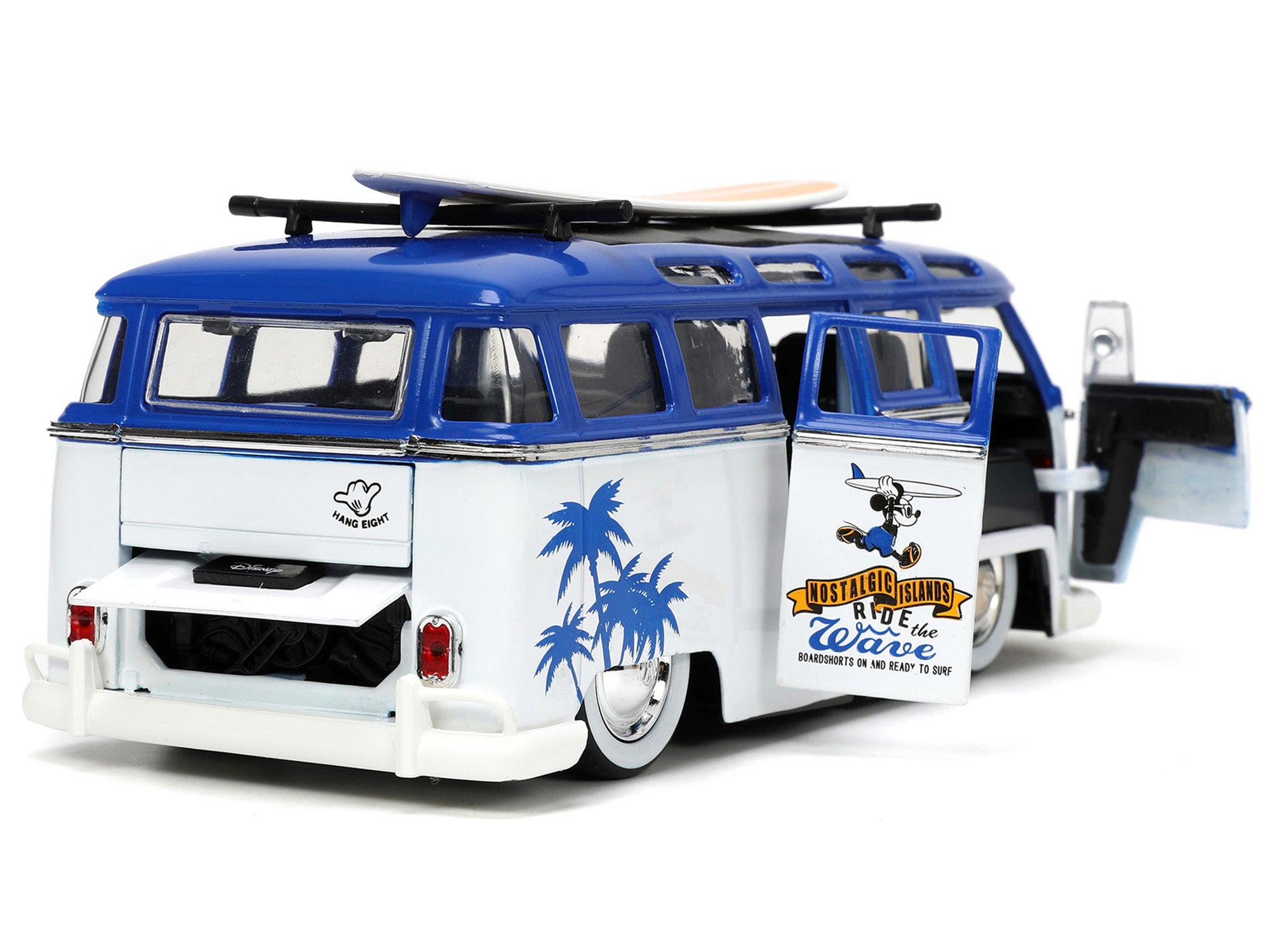 Volkswagen T1 Bus Blue and White with Graphics "Nostalgic Islands Ride the Wave" and Mickey Mouse