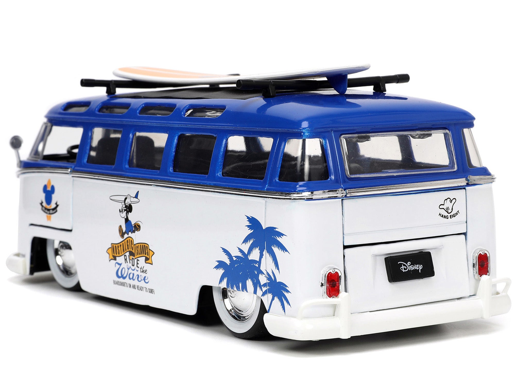 Volkswagen T1 Bus Blue and White with Graphics "Nostalgic Islands Ride the Wave" and Mickey Mouse