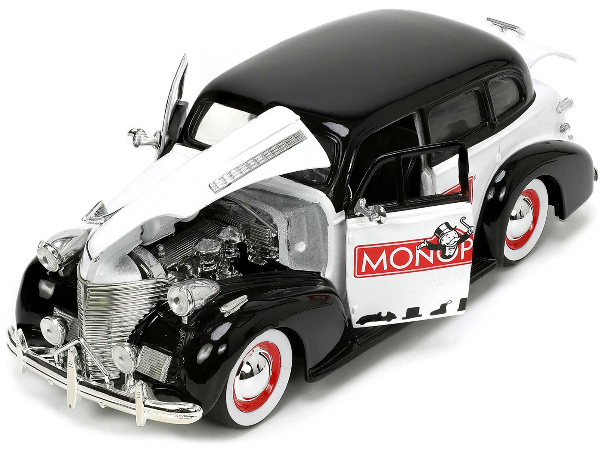 1939 Chevrolet Master Deluxe Black and White "Monopoly" and Mr. Monopoly Diecast Figure "Hollywood Rides" Series 1/24 Diecast Model Car by Jada - Minihomy