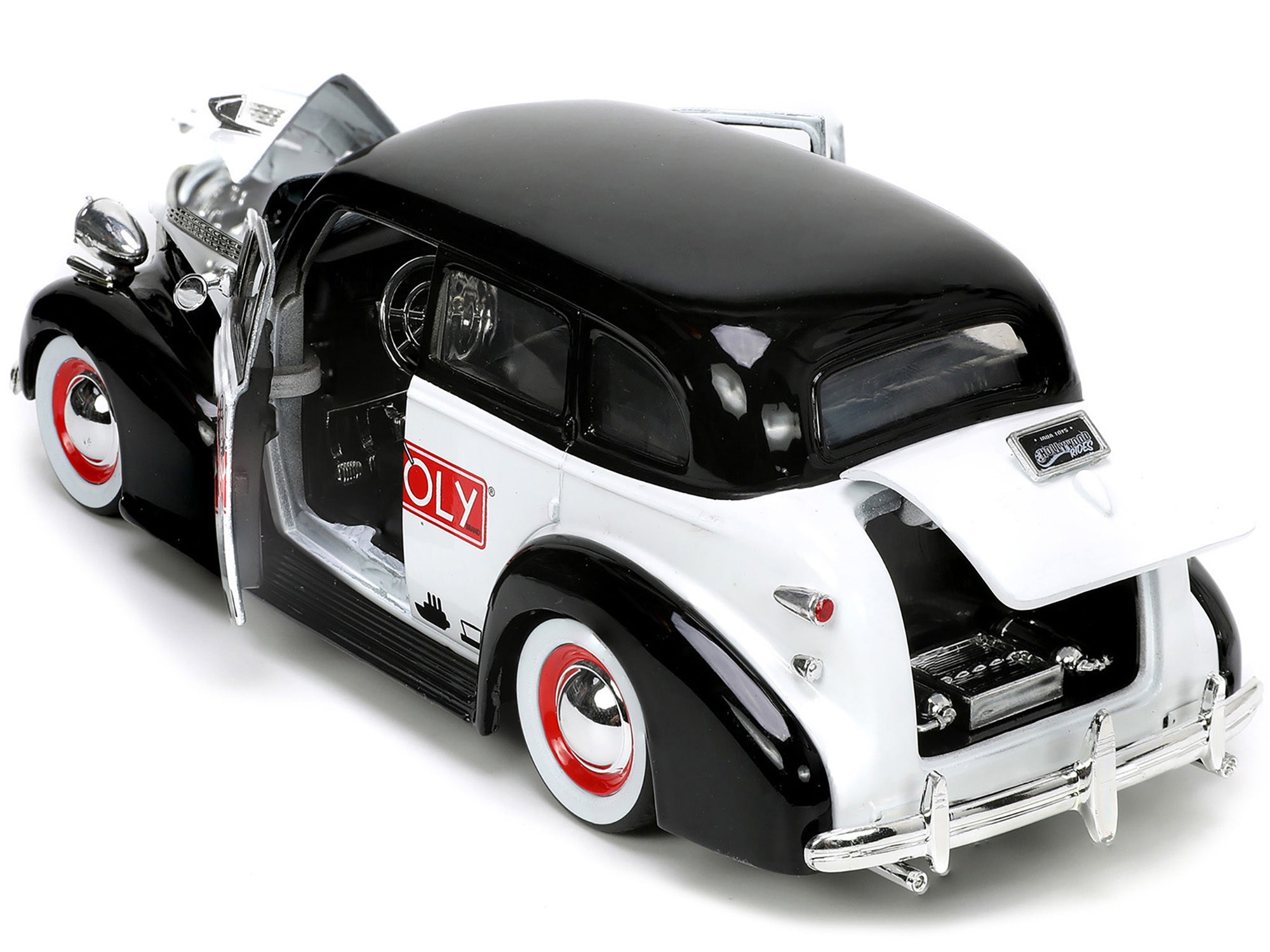 1939 Chevrolet Master Deluxe Black and White "Monopoly" and Mr. Monopoly Diecast Figure "Hollywood Rides" Series 1/24 Diecast Model Car by Jada - Minihomy