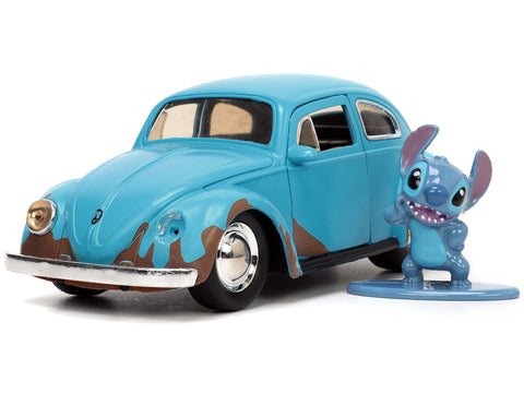 Volkswagen Beetle Matt Blue (Weathered) and Stitch Diecast Figure 