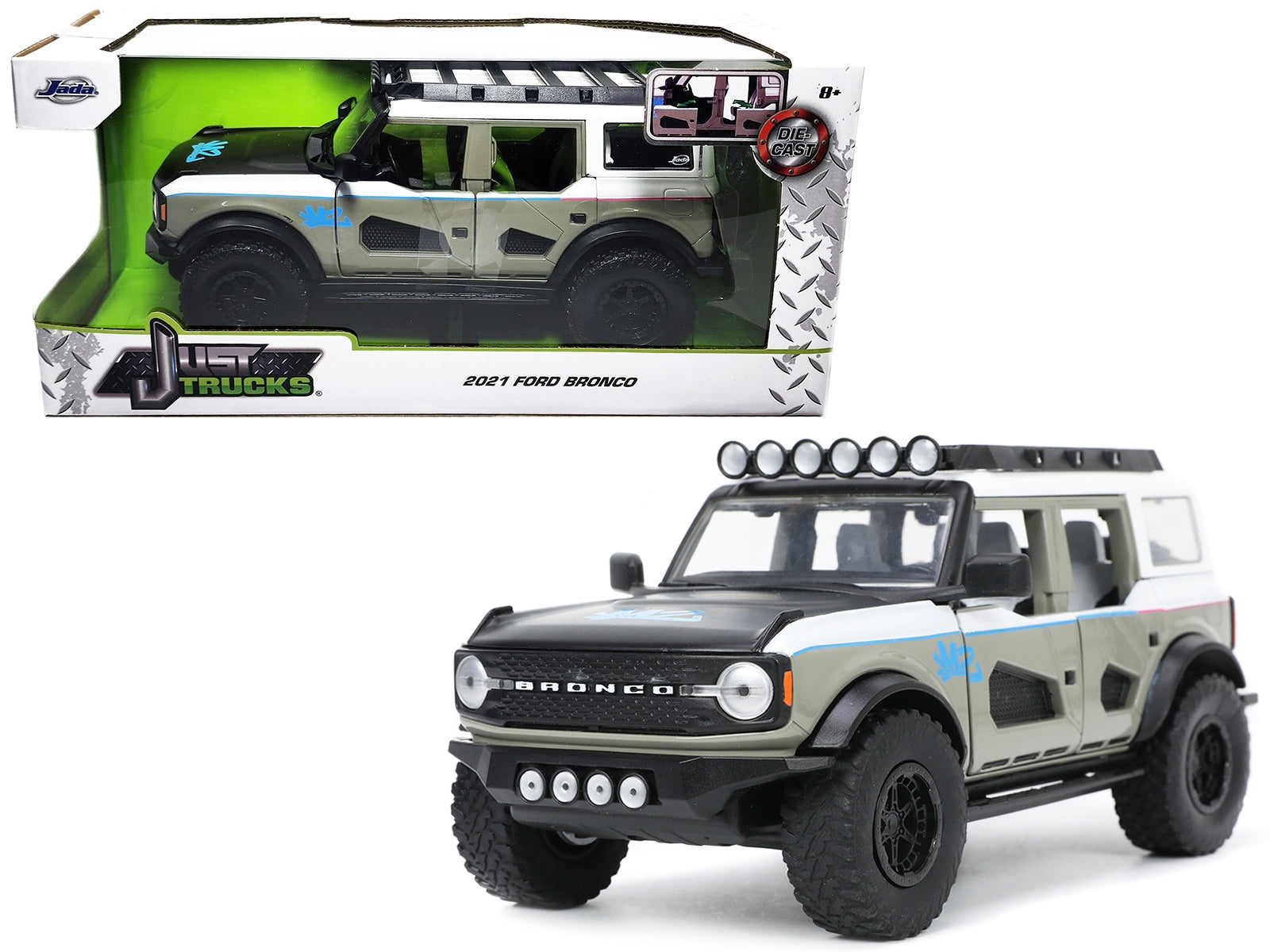 2021 Ford Bronco Gray and White with Matt Black Hood with Roof Rack "M2 Motoring" "Just Trucks" Series 1/24 Diecast Model Car by Jada - Minihomy