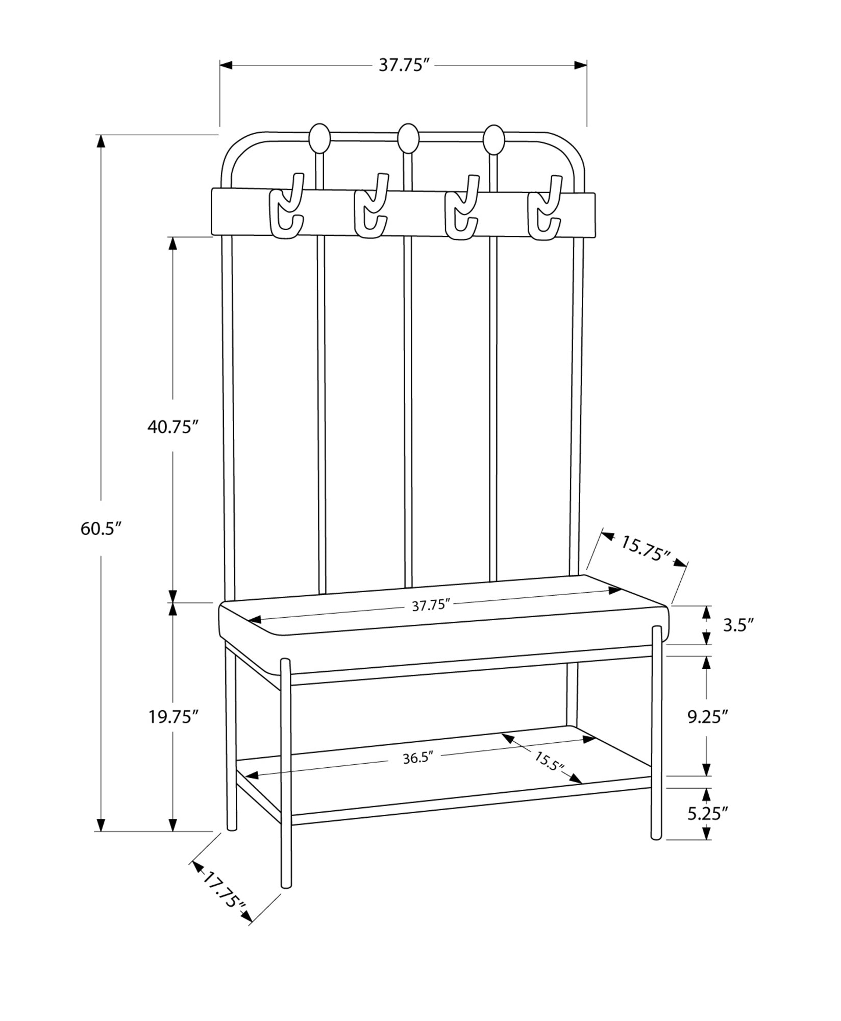 17.75" X 37.75" X 60.5" Charcoal Metal Foam Leather Look  Hall Entry Bench - Minihomy