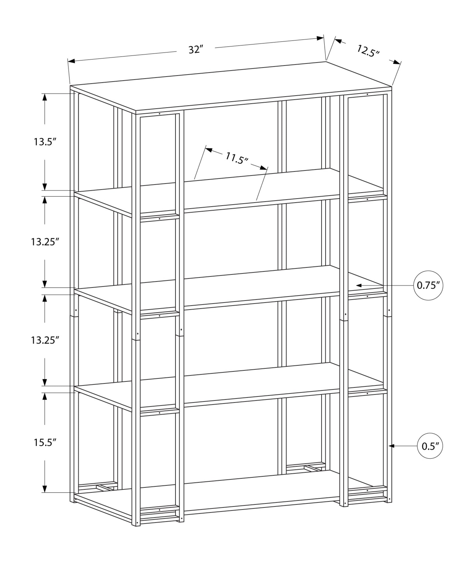 12.5" X 32" X 62" Dark Taupe Black Mdf Metal  Bookcase - Minihomy