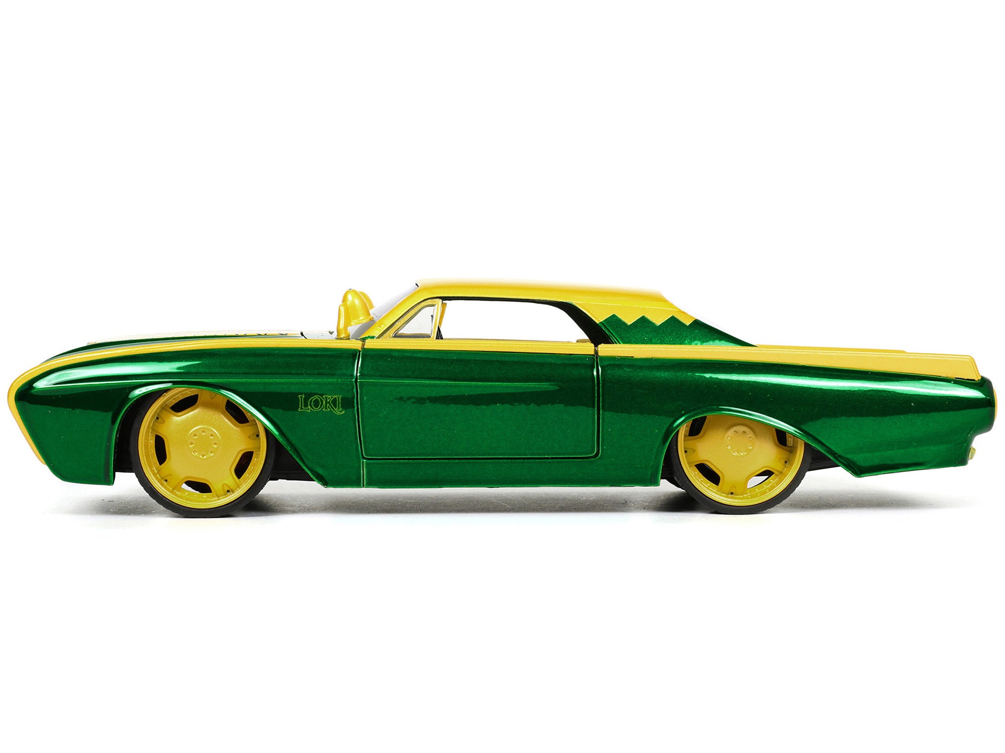 1963 Ford Thunderbird Green and Yellow Metallic with Hood Graphics and Loki Diecast Figure "Loki" "Marvel" Series 1/24 Diecast Model Car by Jada - Minihomy