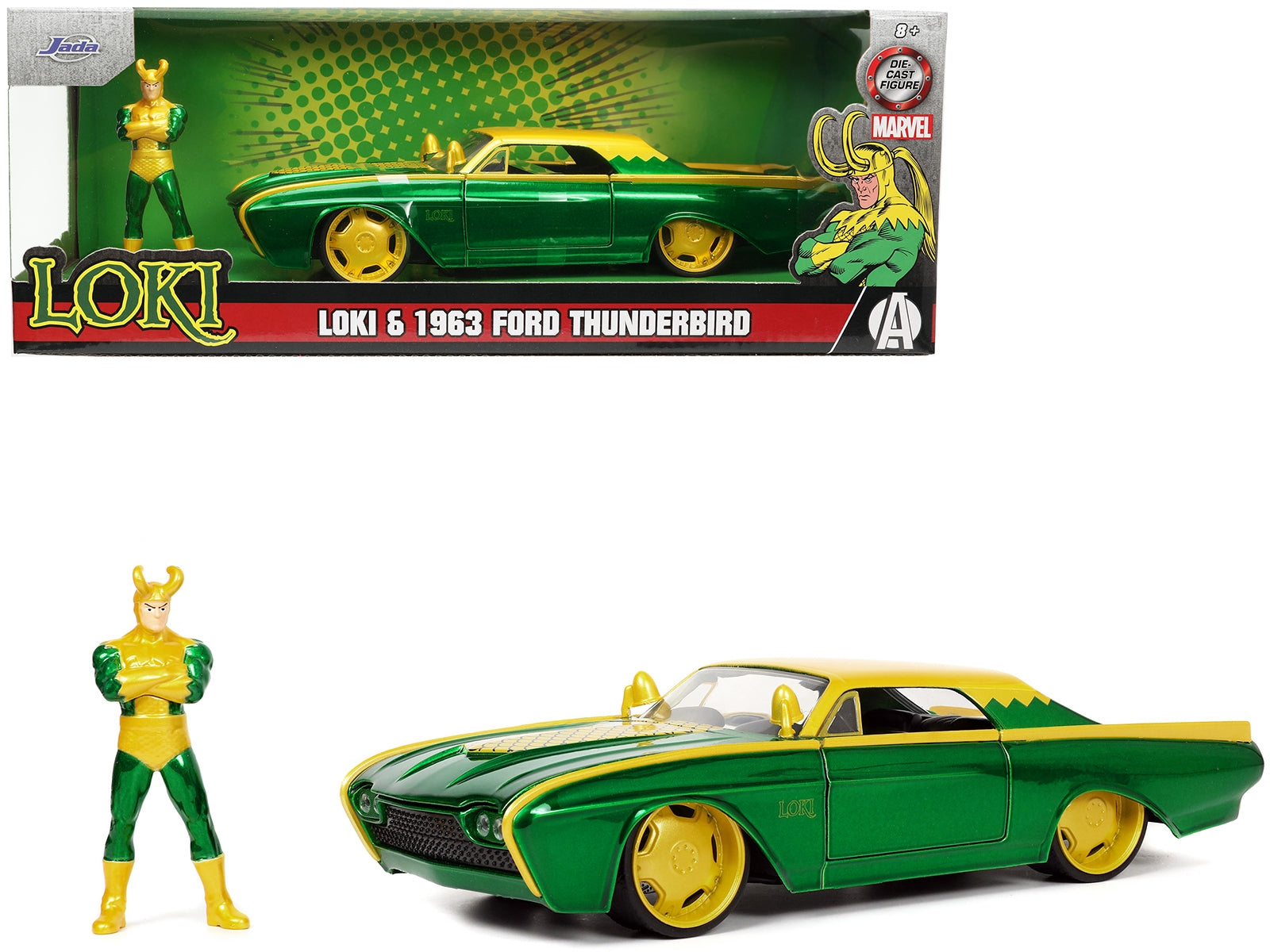 1963 Ford Thunderbird Green and Yellow Metallic with Hood Graphics and Loki Diecast Figure "Loki" "Marvel" Series 1/24 Diecast Model Car by Jada - Minihomy