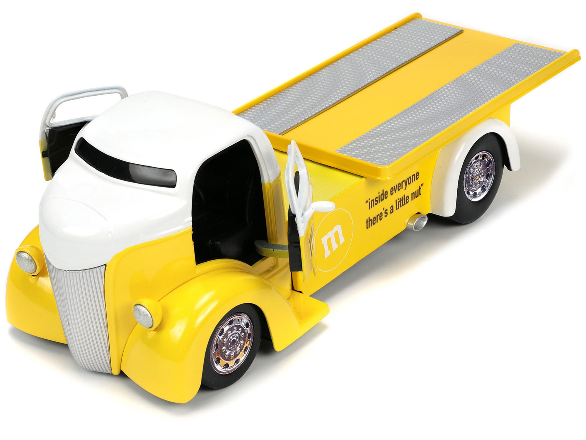 Jada 1/24 Diecast: 1947 Ford COE Flatbed Truck Yellow Metallic, White Top, Yellow M&M Figure "M&M's" "Hollywood Rides" Series - Minihomy