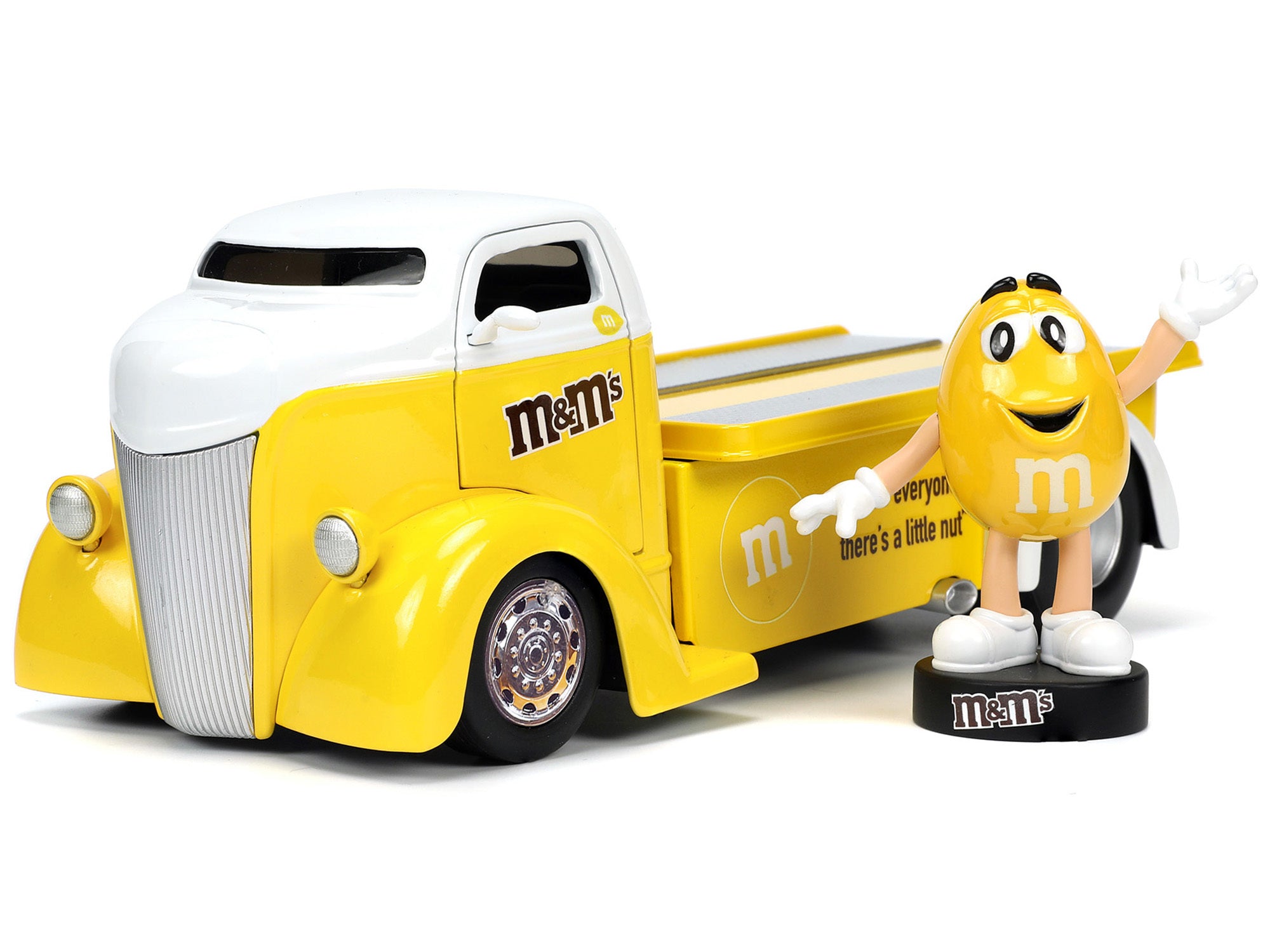 Jada 1/24 Diecast: 1947 Ford COE Flatbed Truck Yellow Metallic, White Top, Yellow M&M Figure "M&M's" "Hollywood Rides" Series - Minihomy