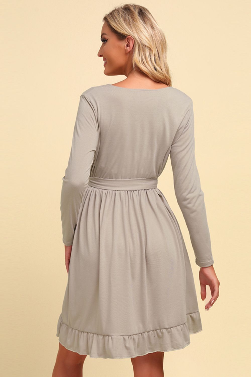 Long Sleeve Tie Waist Ruffle Hem Dress - Minihomy