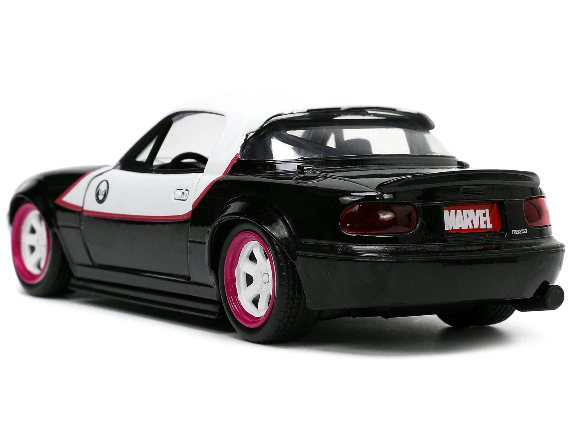 1990 Mazda Miata Black and White with Graphics and Ghost Spider Diecast Figure "Spider-Man" "Marvel" Series 1/32 Diecast Model Car by Jada - Minihomy