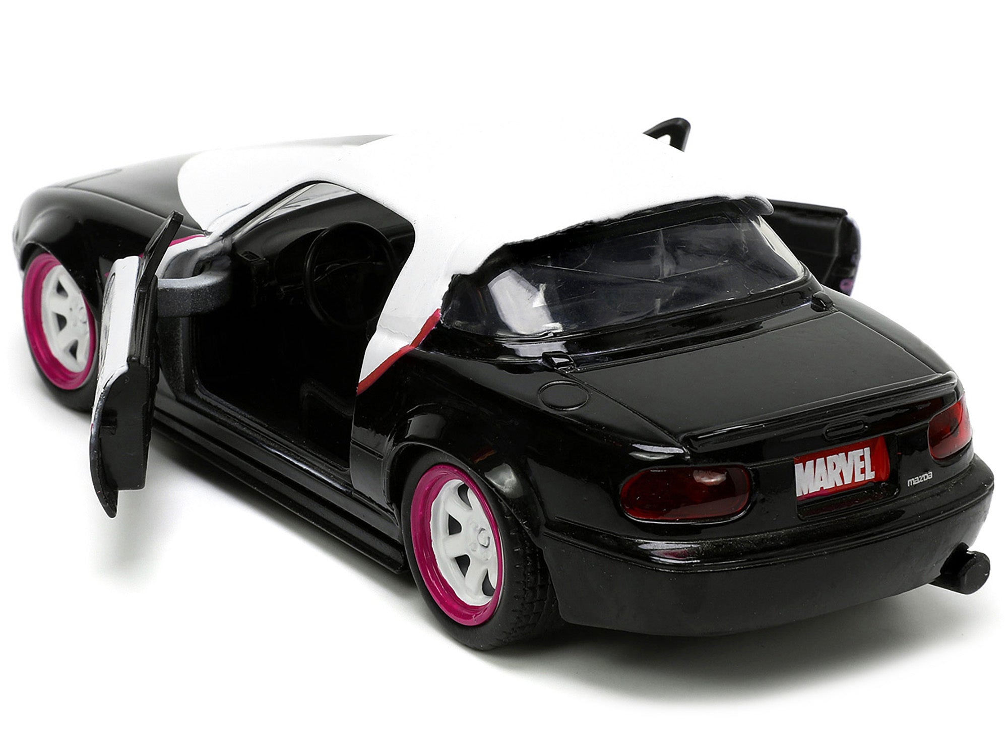 1990 Mazda Miata Black and White with Graphics and Ghost Spider Diecast Figure "Spider-Man" "Marvel" Series 1/32 Diecast Model Car by Jada - Minihomy