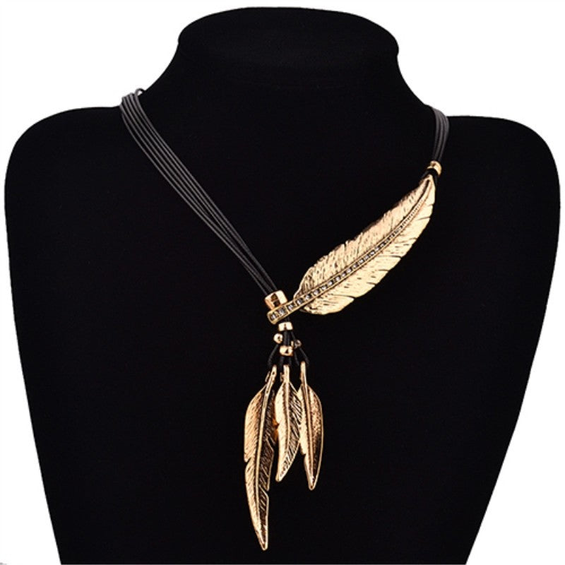 3 Colors Black Rope Multilayer Feather Leaf Tassels Pendant Necklace