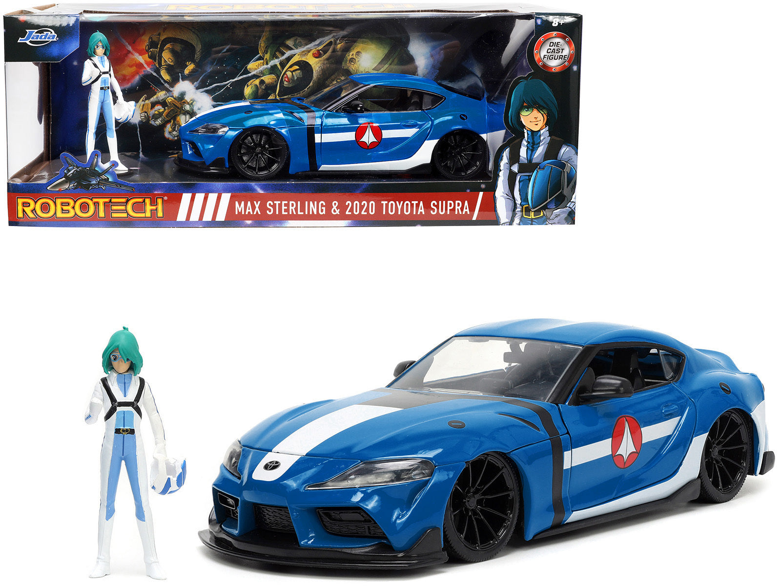 2020 Toyota Supra Blue with Graphics and Max Sterling Diecast Figurine "Robotech" "Hollywood Rides" Series 1/24 Diecast Model Car by Jada - Minihomy