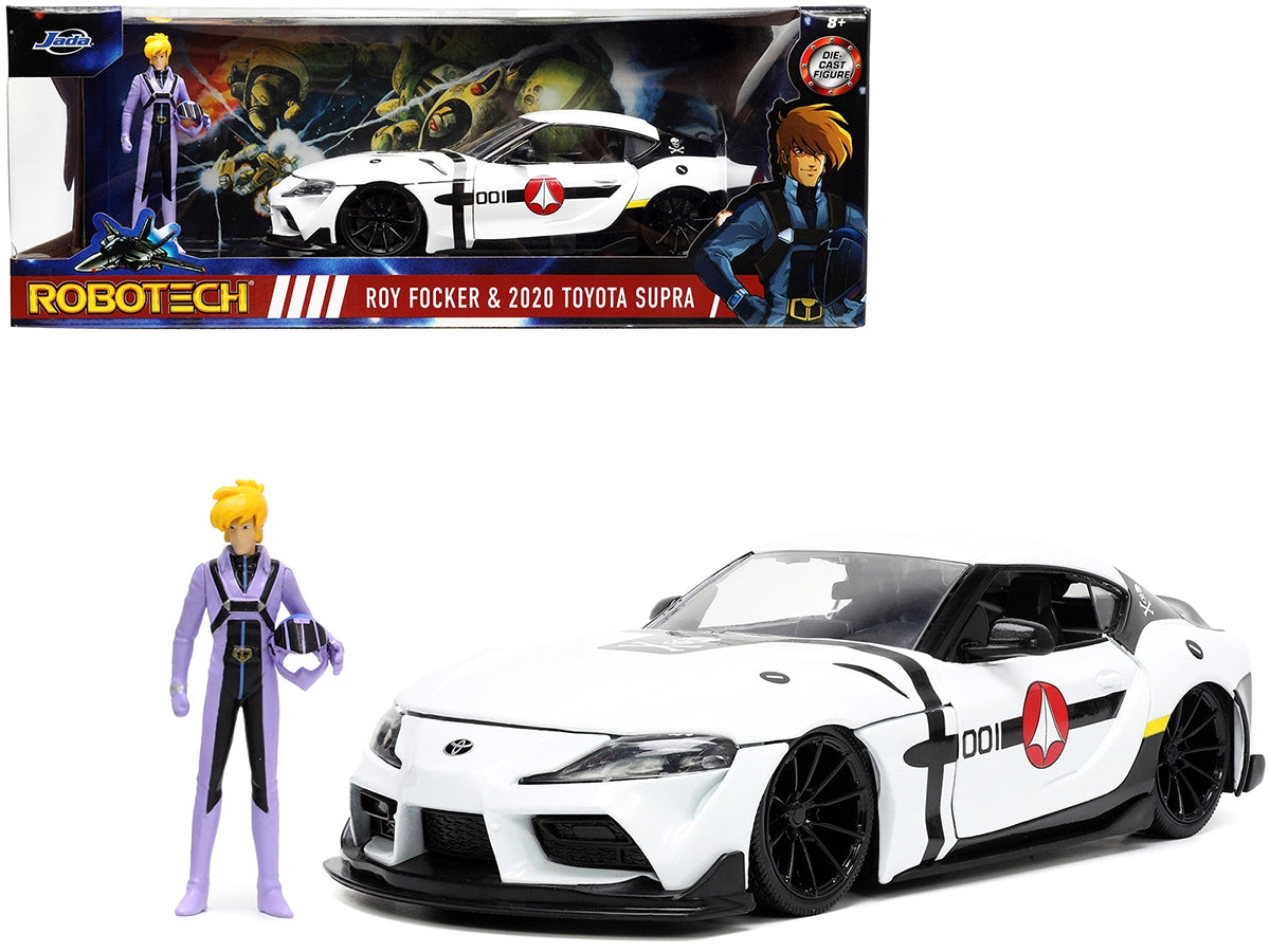 2020 Toyota Supra White and Roy Focker Diecast Figurine "Robotech" "Hollywood Rides" Series 1/24 Diecast Model Car by Jada