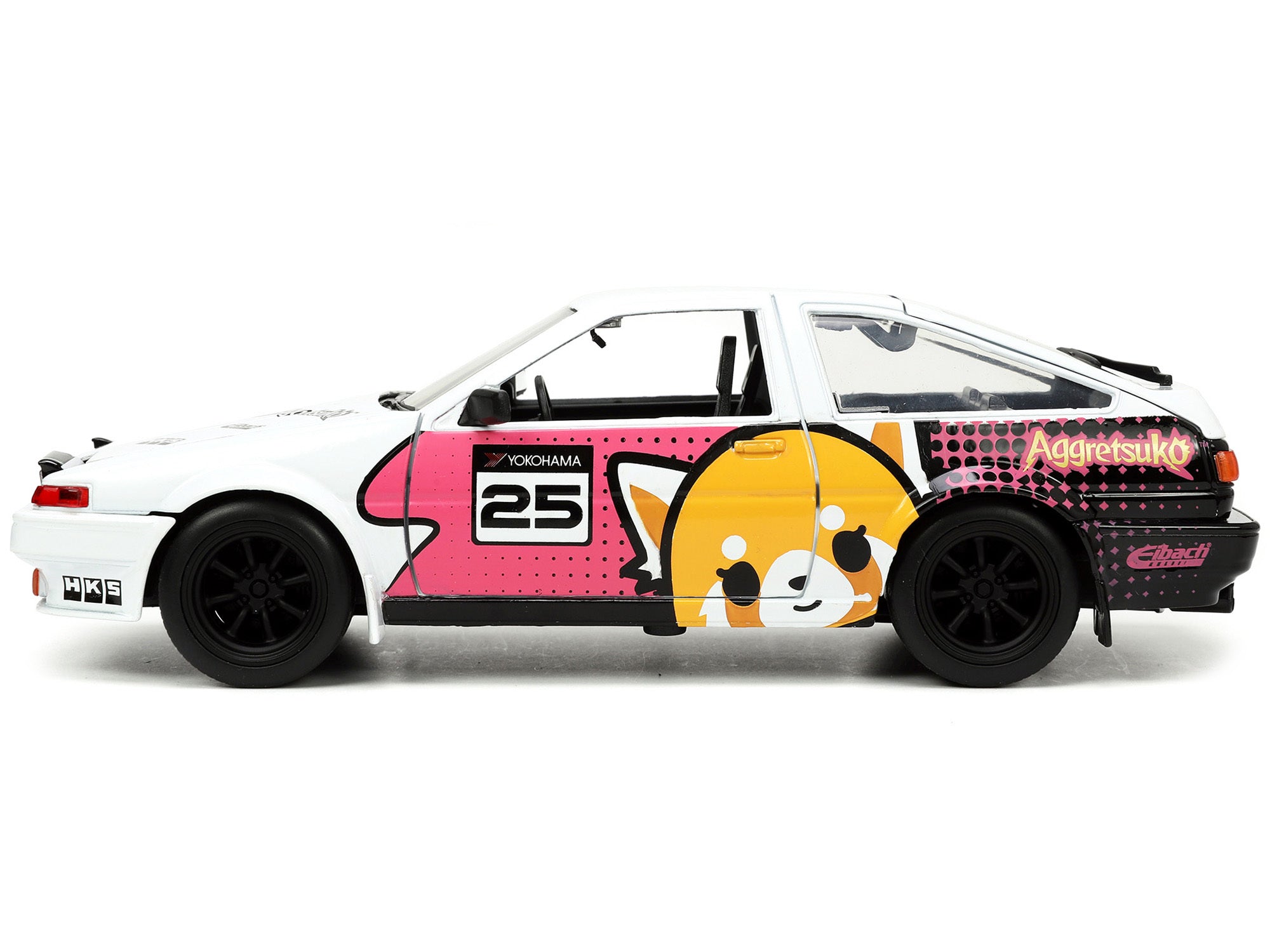 1986 Toyota Trueno (AE86) RHD (Right Hand Drive) #25 White with Graphics and Aggretsuko Diecast Figure "Aggretsuko" - Minihomy