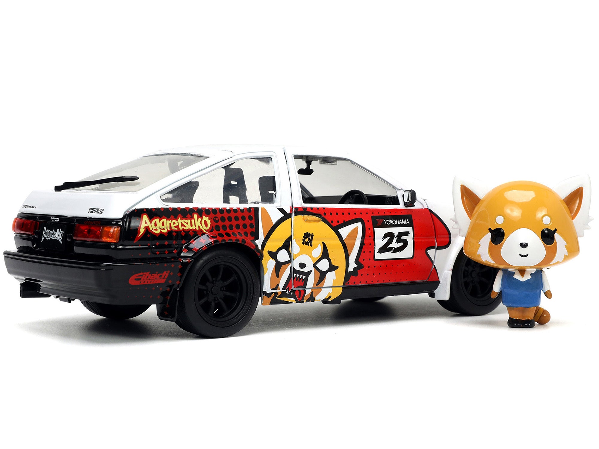 1986 Toyota Trueno (AE86) RHD (Right Hand Drive) #25 White with Graphics and Aggretsuko Diecast Figure "Aggretsuko" - Minihomy