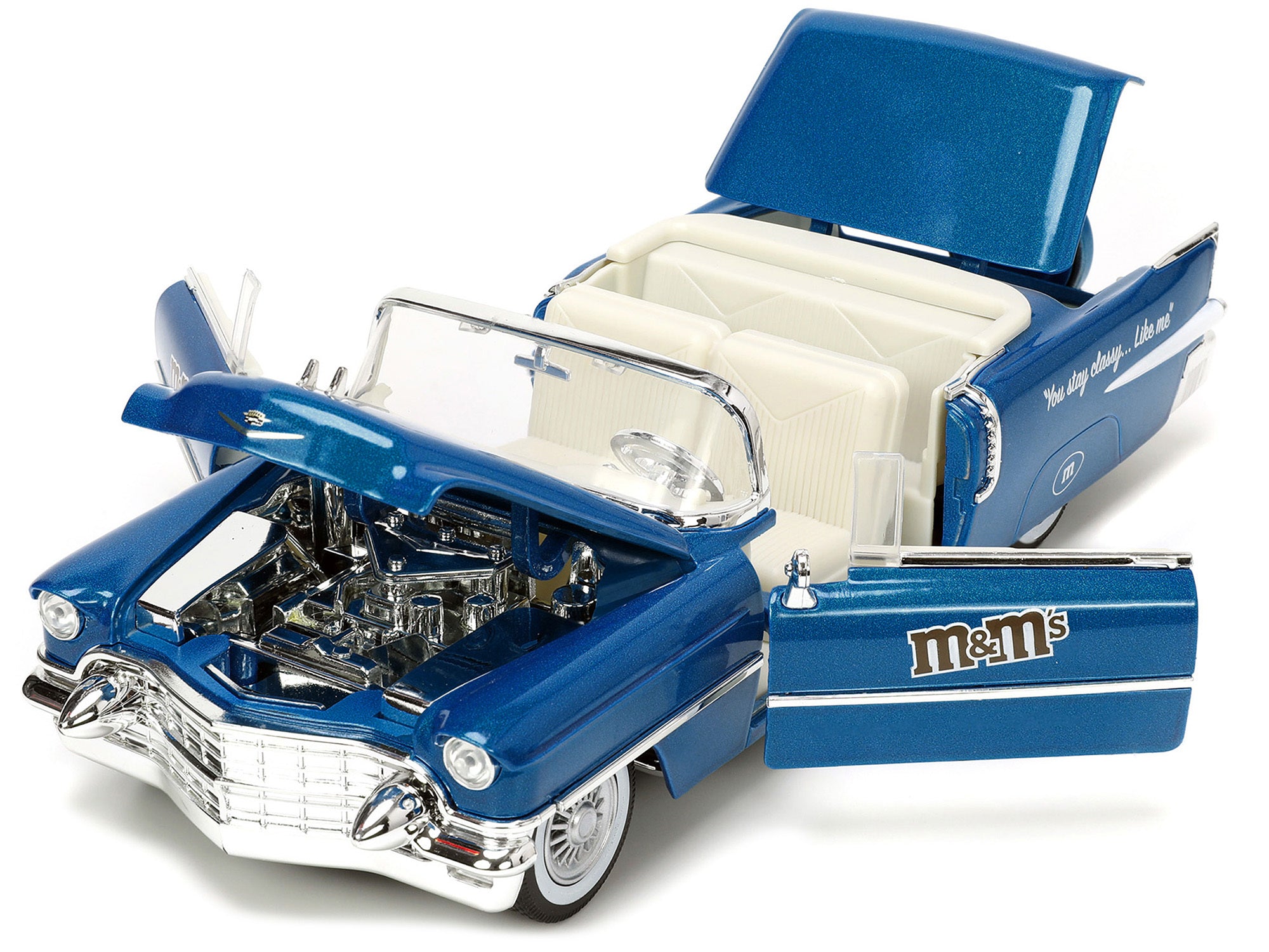 1956 Cadillac Eldorado Convertible Blue Metallic with Cream Interior "Stay Classy" and Blue M&M Diecast Figure - Minihomy