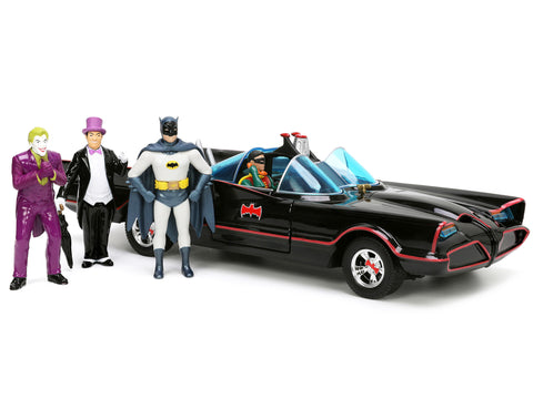 1966 Classic Batmobile with Diecast Batman The Joker The Penguin and Plastic Robin Sitting Inside The Car 