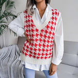 Houndstooth Ribbed Trim V-Neck Sweater Vest