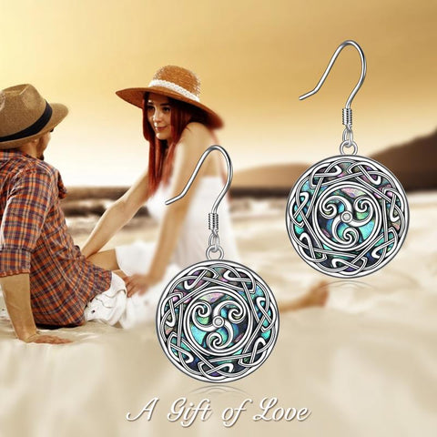 Viking Celtic Triskele Trinity Knot Dangle Earring with Abalone Shell Sterling Silver Good Luck Irish jewelry