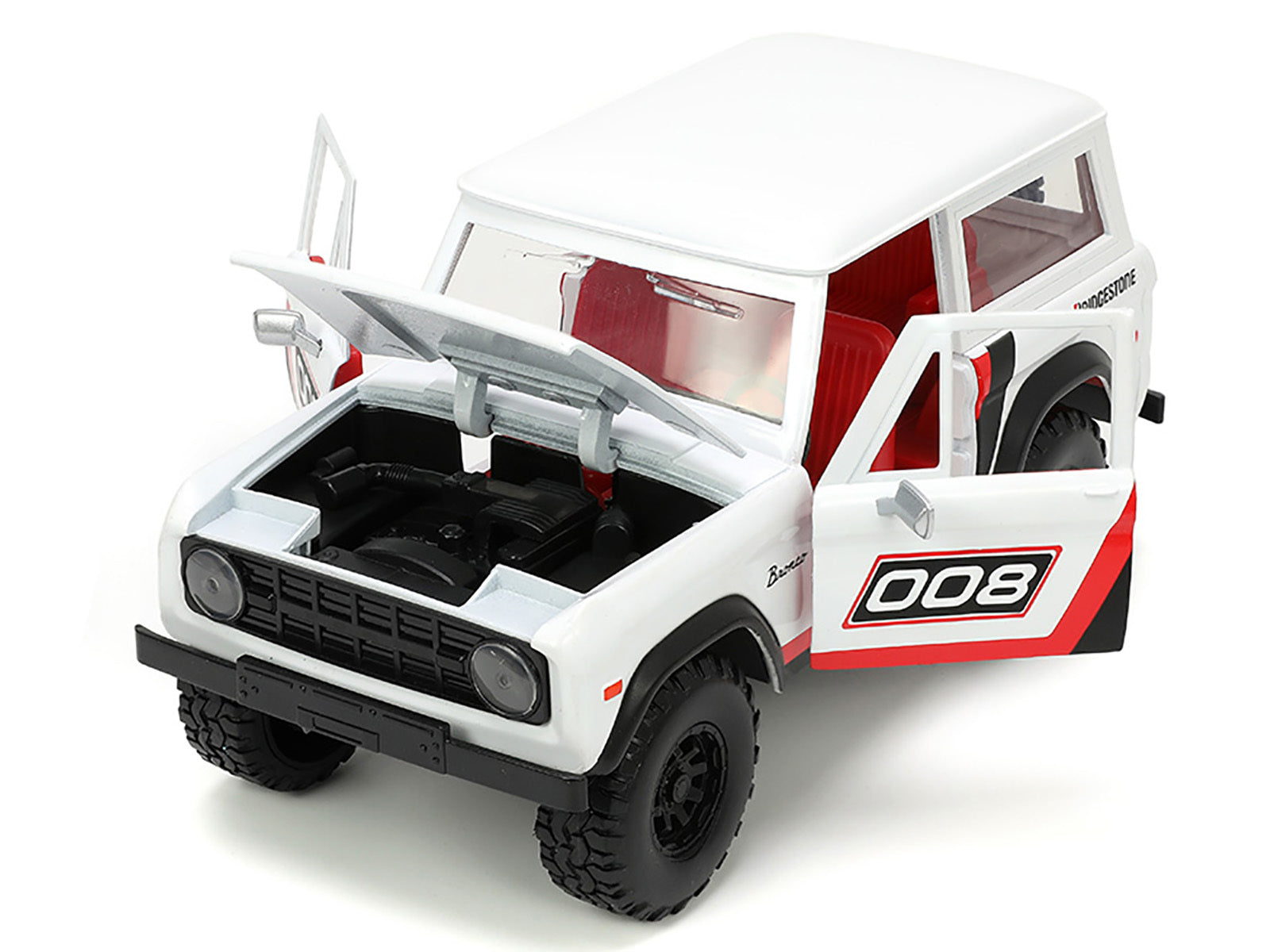 1973 Ford Bronco #008 White with Red and Black Stripes and Red Interior with Extra Wheels "Just Trucks" Series 1/24 Diecast Model Car by Jada - Minihomy