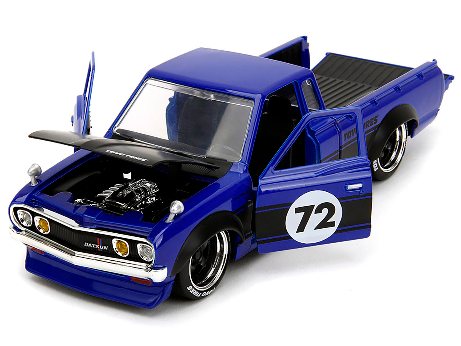 1972 Datsun 620 Pickup Truck #72 Blue Metallic with Black Stripes and Hood "Toyo Tires" with Extra Wheels - Minihomy