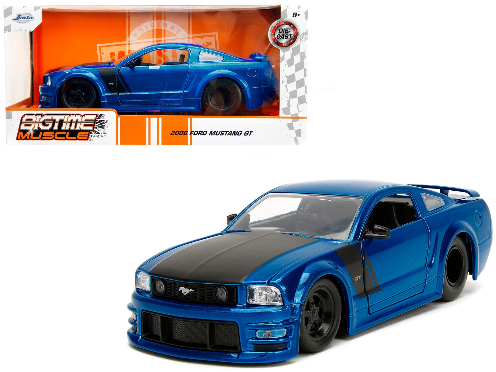 2006 Ford Mustang GT Blue Metallic with Matt Black Hood and Stripes "Bigtime Muscle" Series 1/24 Diecast Model Car by Jada - Minihomy