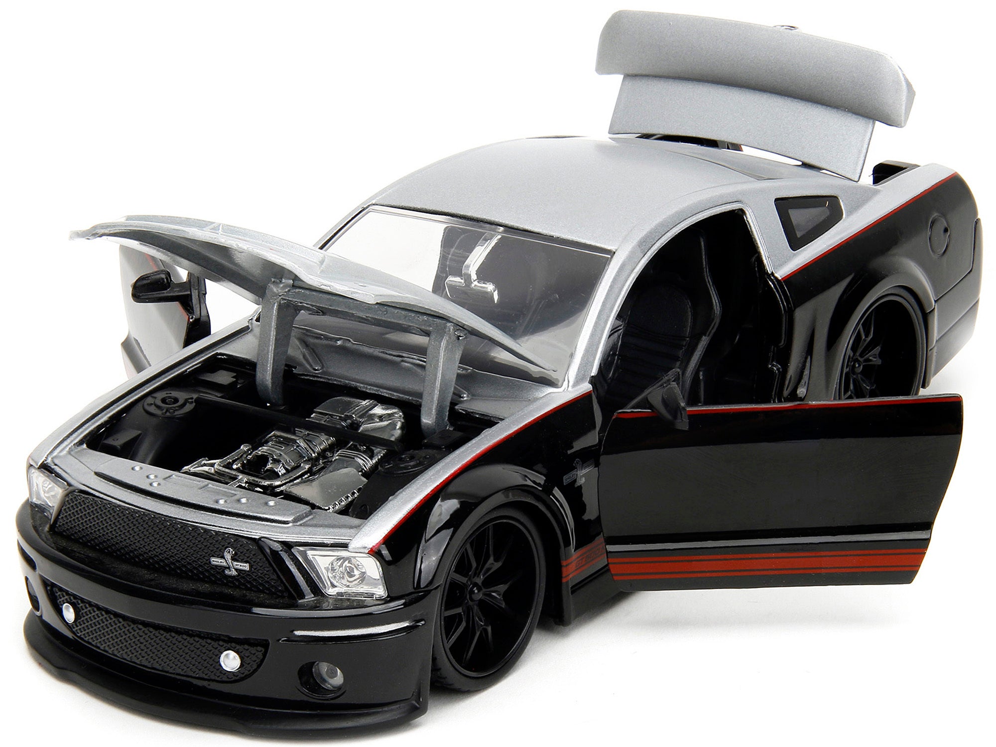 2008 Ford Shelby Mustang GT-500KR Silver and Black with Red Stripes "Bigtime Muscle" Series 1/24 Diecast Model Car by Jada - Minihomy