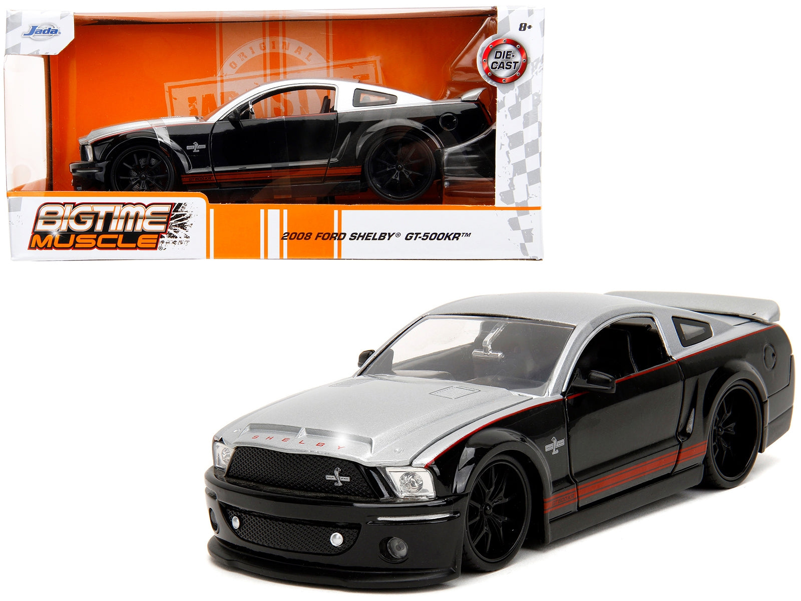 2008 Ford Shelby Mustang GT-500KR Silver and Black with Red Stripes "Bigtime Muscle" Series 1/24 Diecast Model Car by Jada - Minihomy