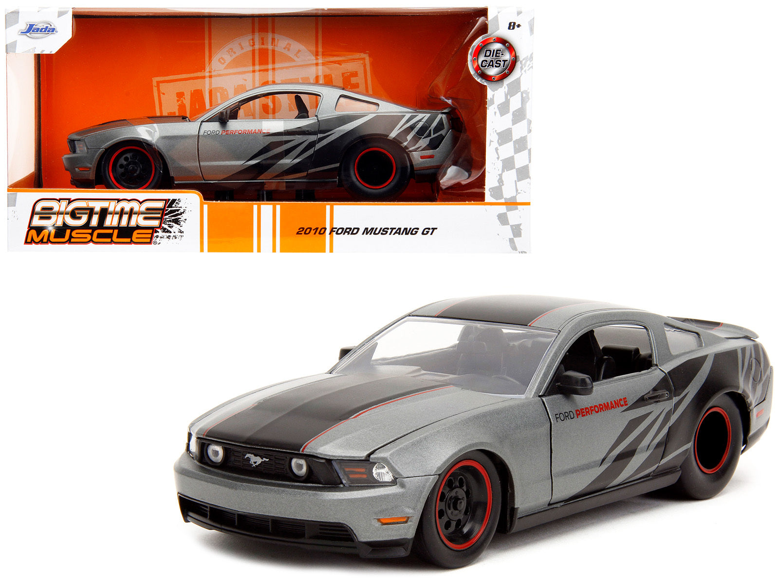 2010 Ford Mustang GT Matt Gray Metallic with Black Graphics and Stripes "Ford Performance" "Bigtime Muscle" Series 1/24 Diecast Model Car by Jada - Minihomy