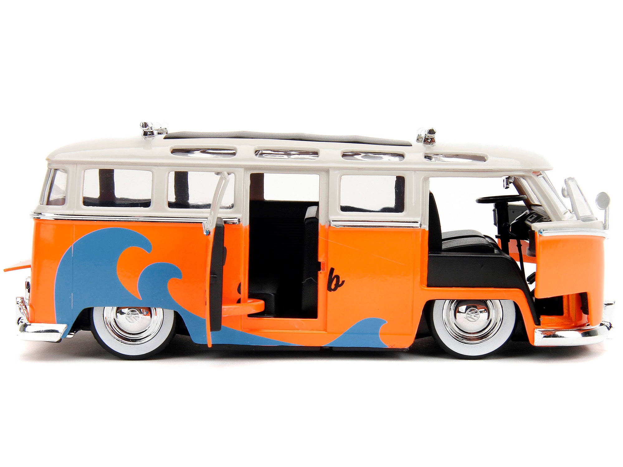 1962 Volkswagen Bus "Santa Monica Surf Club" Orange and White with Graphics with Roof Rack and Surfboard - Minihomy