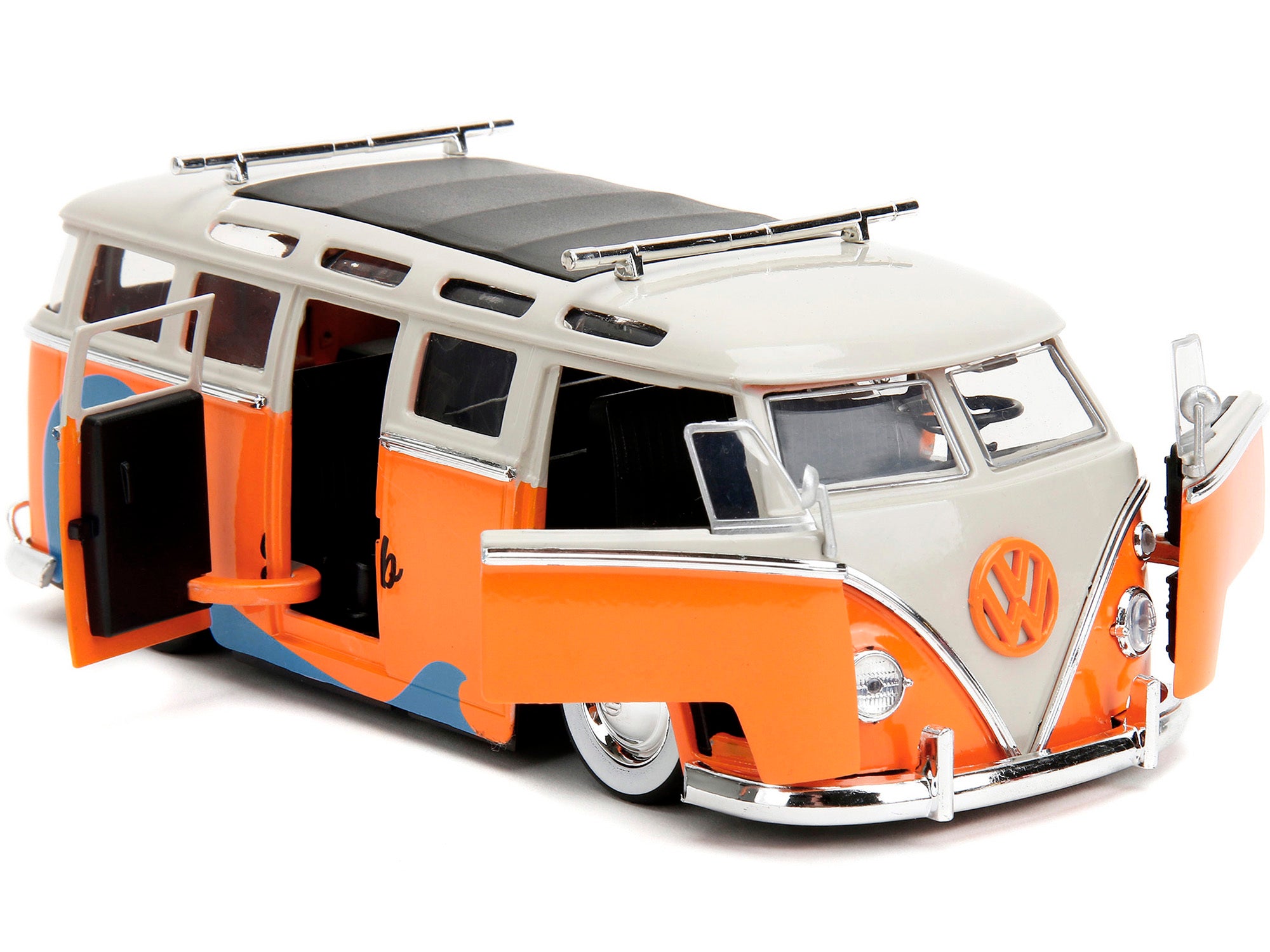 1962 Volkswagen Bus "Santa Monica Surf Club" Orange and White with Graphics with Roof Rack and Surfboard - Minihomy