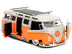 1962 Volkswagen Bus "Santa Monica Surf Club" Orange and White with Graphics with Roof Rack and Surfboard - Minihomy