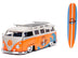 1962 Volkswagen Bus "Santa Monica Surf Club" Orange and White with Graphics with Roof Rack and Surfboard - Minihomy