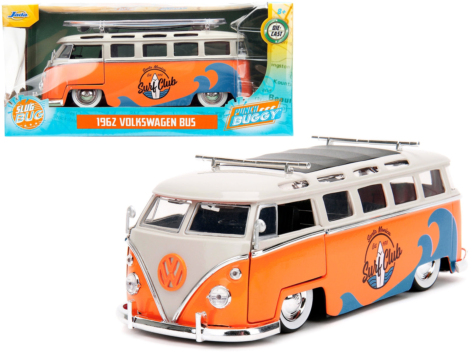 1962 Volkswagen Bus "Santa Monica Surf Club" Orange and White with Graphics with Roof Rack and Surfboard - Minihomy