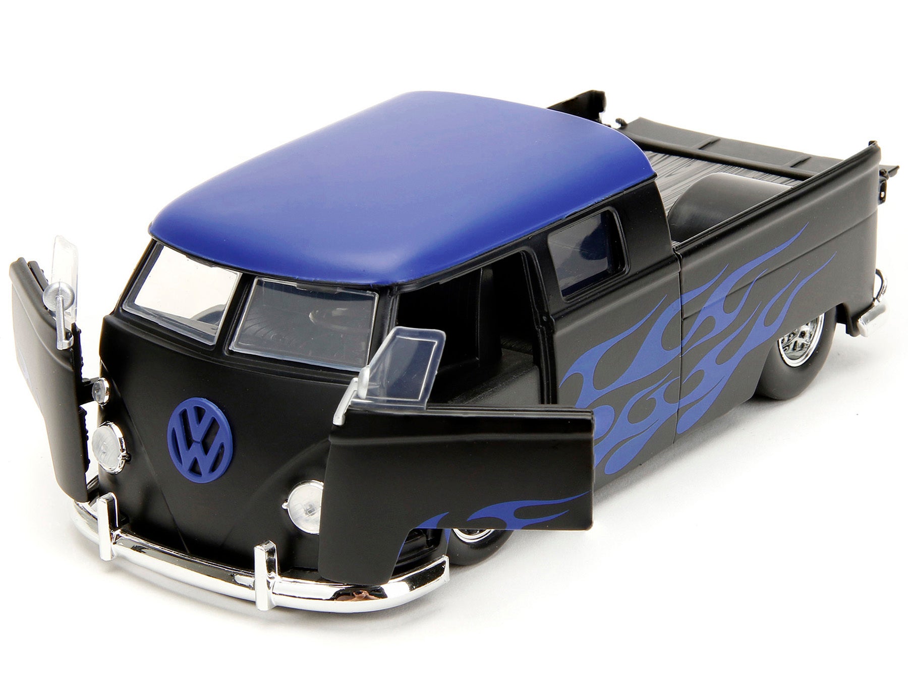 1963 Volkswagen Bus Pickup Truck Matt Black with Matt Blue Top and Flames Graphics "Punch Buggy" Series 1/24 Diecast Model Car by Jada - Minihomy