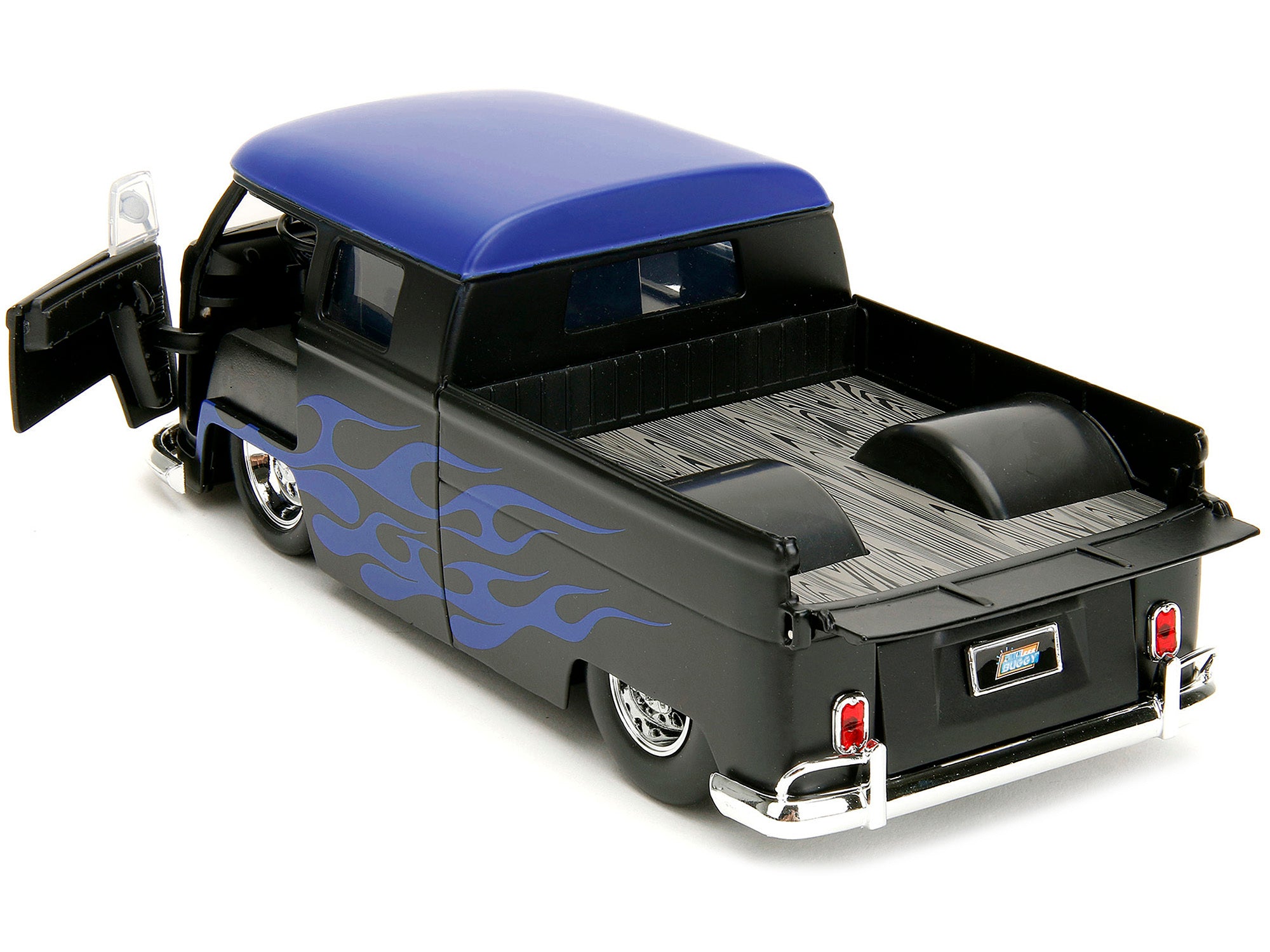 1963 Volkswagen Bus Pickup Truck Matt Black with Matt Blue Top and Flames Graphics "Punch Buggy" Series 1/24 Diecast Model Car by Jada - Minihomy