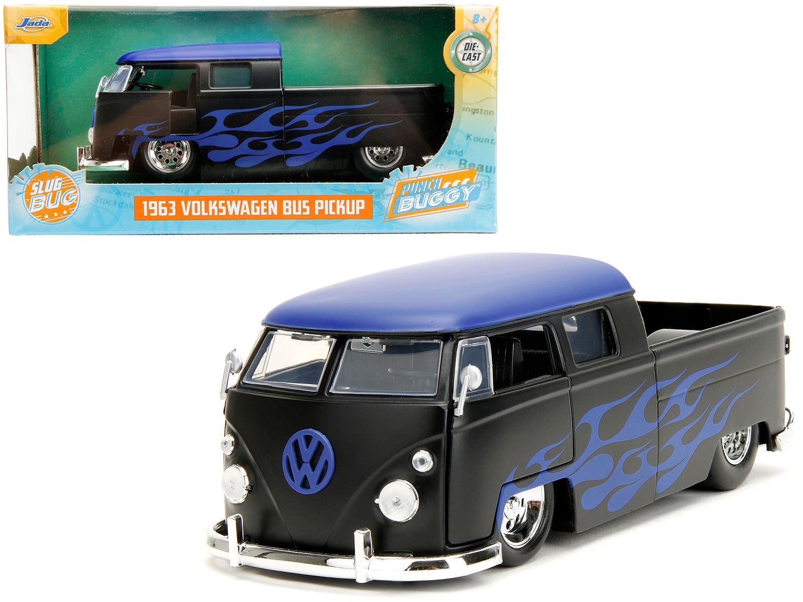 1963 Volkswagen Bus Pickup Truck Matt Black with Matt Blue Top and Flames Graphics "Punch Buggy" Series 1/24 Diecast Model Car by Jada - Minihomy